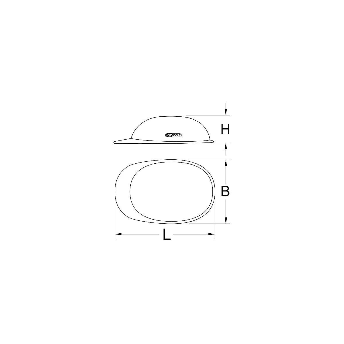Dessin d'un casque de sécurité. Vue de côté avec dimensions : H, une vue de dessus ovale avec B et L. Avec logo : KS TOOLS.